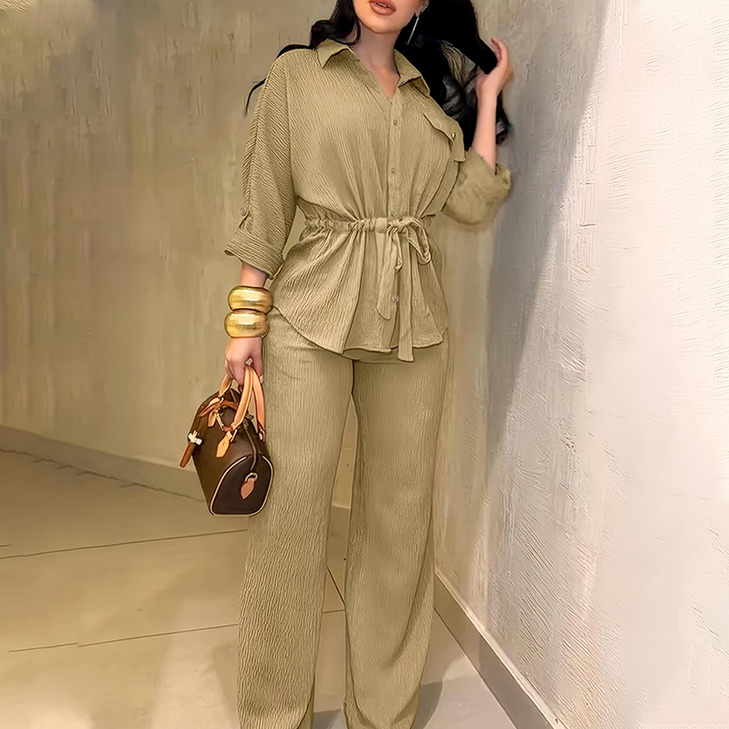 Women's Drawstring Shirt & Wide-Leg Pants Set