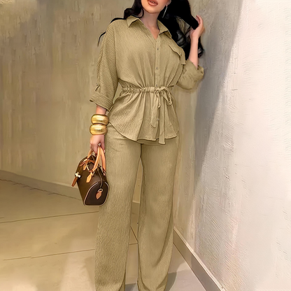 Women's Drawstring Shirt & Wide-Leg Pants Set