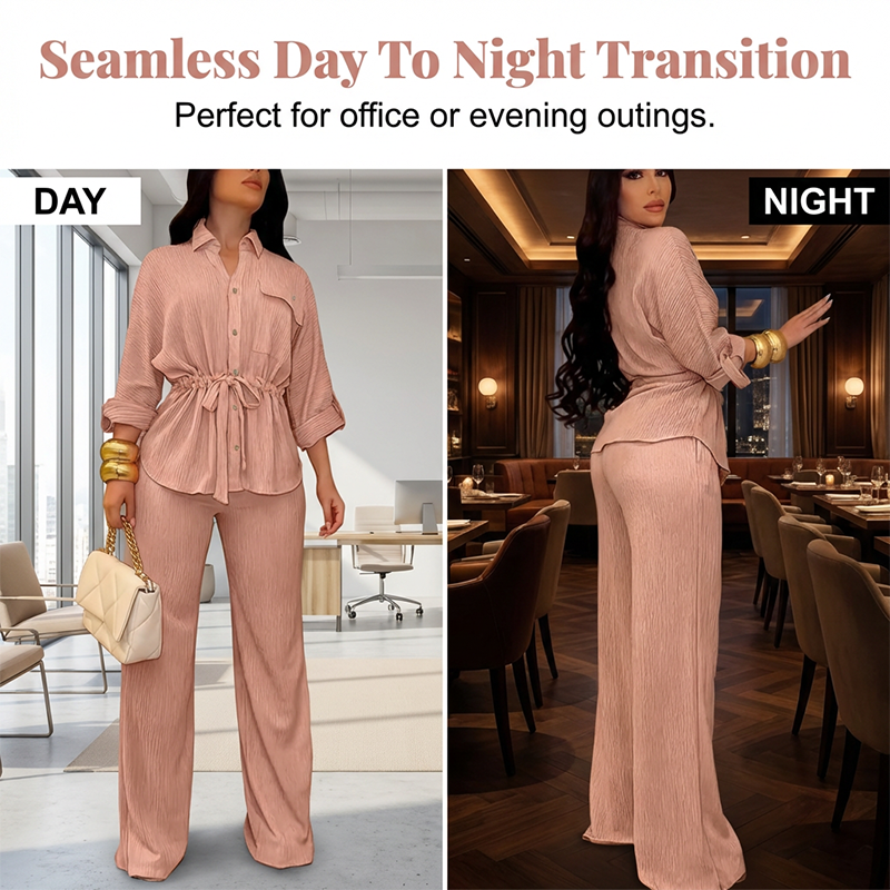Women's Drawstring Shirt & Wide-Leg Pants Set