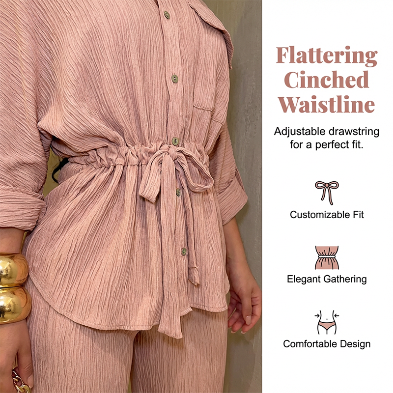 Women's Drawstring Shirt & Wide-Leg Pants Set