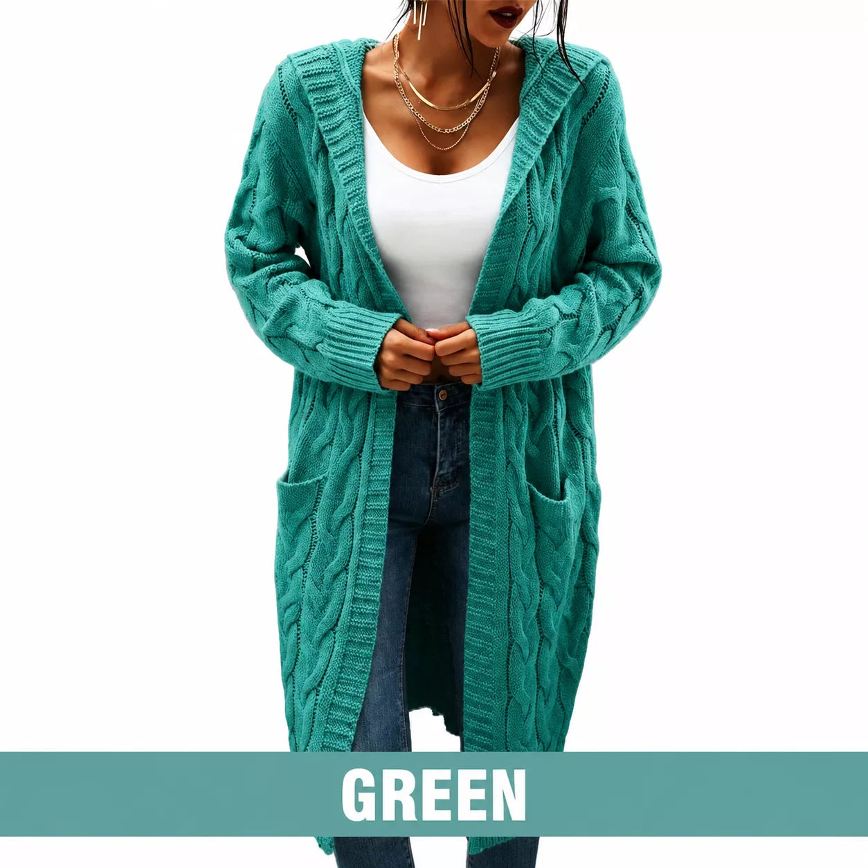 Women's Long Hooded Knit Cardigan with Pockets