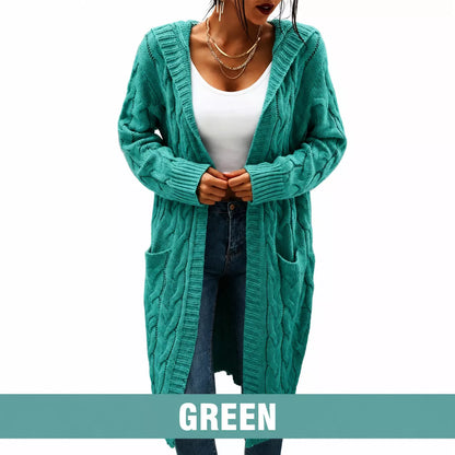 Women's Long Hooded Knit Cardigan with Pockets