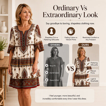 Trending Now⭐👗 Vintage Ethnic Print Tiered Dress – Flowing Layers & Bohemian Charm for Effortless Style