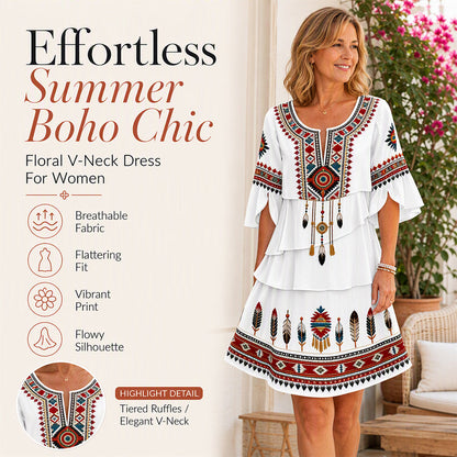 Trending Now⭐👗 Vintage Ethnic Print Tiered Dress – Flowing Layers & Bohemian Charm for Effortless Style