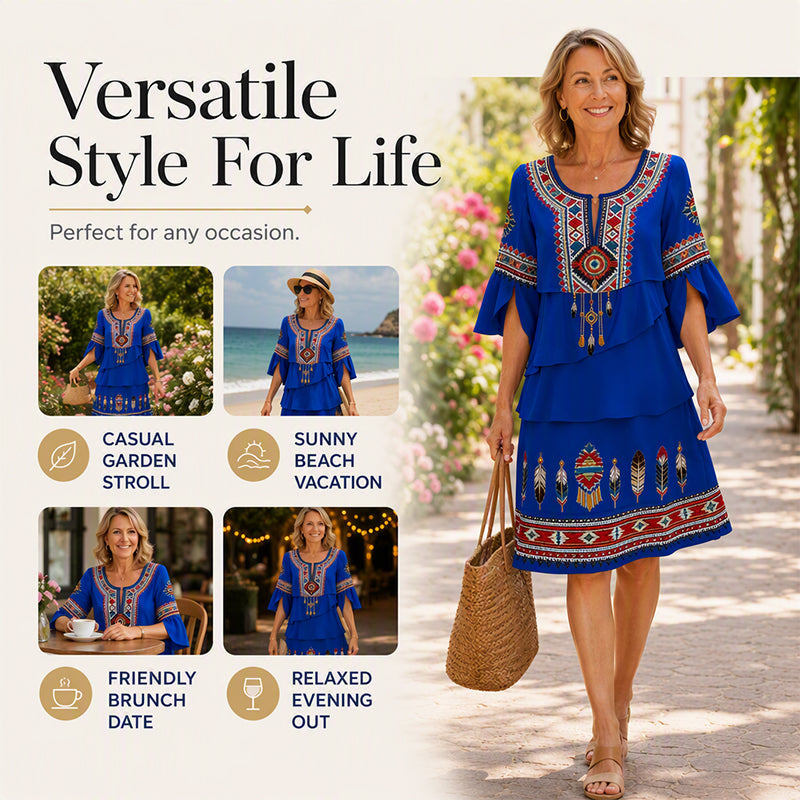 Trending Now⭐👗 Vintage Ethnic Print Tiered Dress – Flowing Layers & Bohemian Charm for Effortless Style