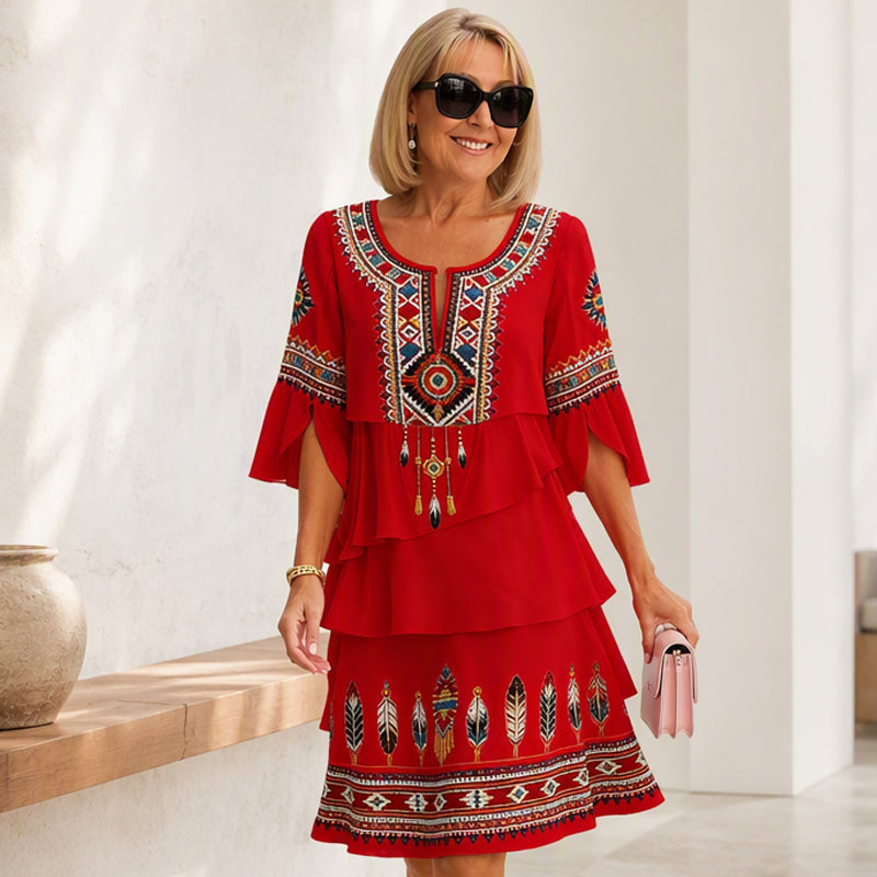 Trending Now⭐👗 Vintage Ethnic Print Tiered Dress – Flowing Layers & Bohemian Charm for Effortless Style