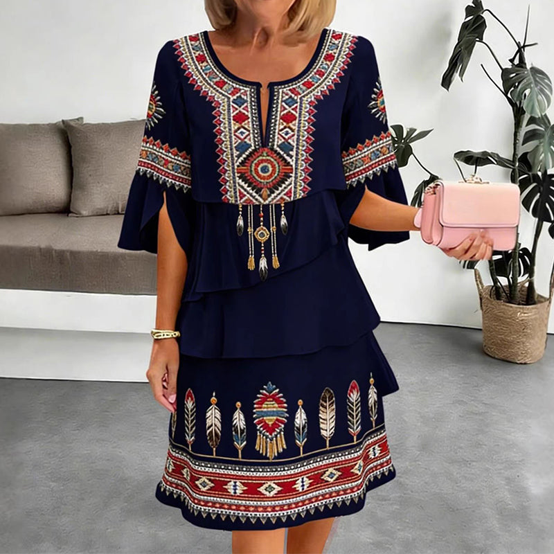 Trending Now⭐👗 Vintage Ethnic Print Tiered Dress – Flowing Layers & Bohemian Charm for Effortless Style