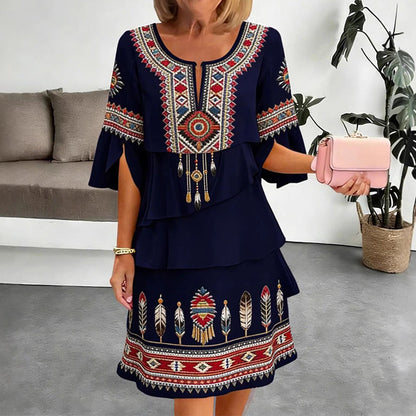 Trending Now⭐👗 Vintage Ethnic Print Tiered Dress – Flowing Layers & Bohemian Charm for Effortless Style