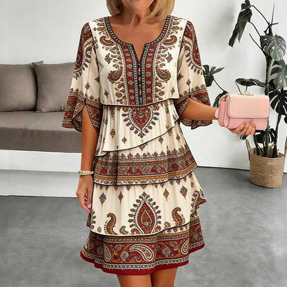 Trending Now⭐👗 Vintage Ethnic Print Tiered Dress – Flowing Layers & Bohemian Charm for Effortless Style