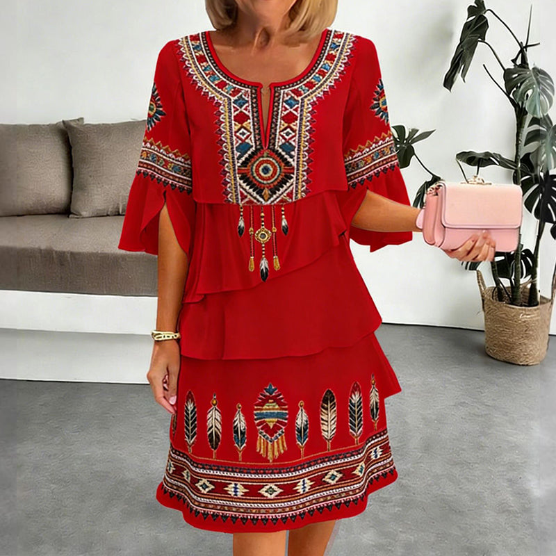 Trending Now⭐👗 Vintage Ethnic Print Tiered Dress – Flowing Layers & Bohemian Charm for Effortless Style