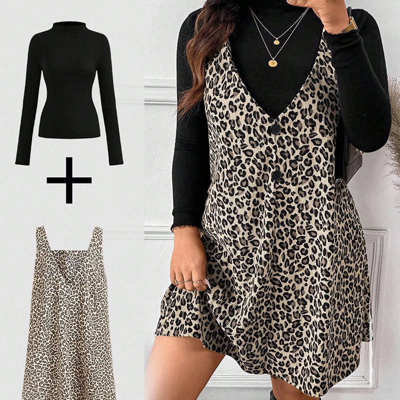 ⏰Last Day Sale 50% Off💃Layered Look Leopard Cami Dress & Top Set
