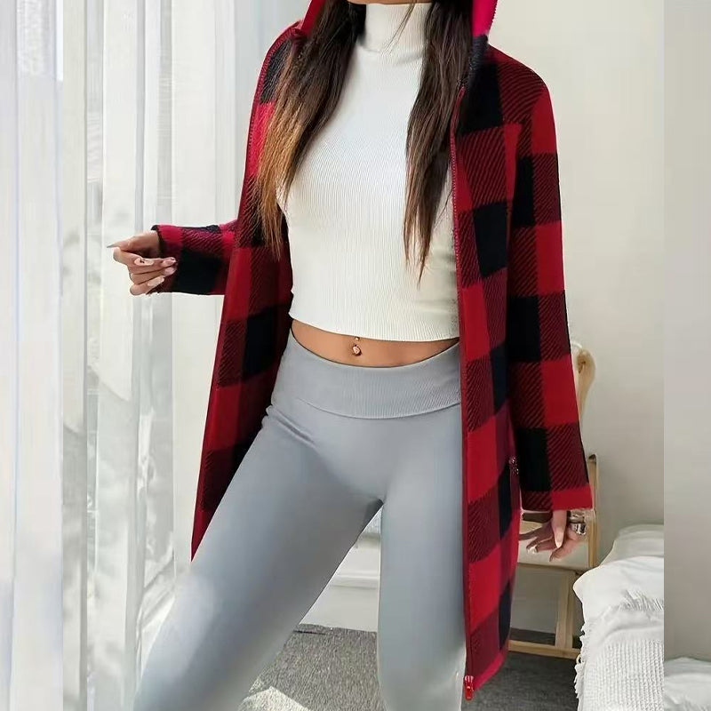 🍂 Classic Plaid, Cozy Long-Line Coverage | Women's Zip-Up Hooded Jacket