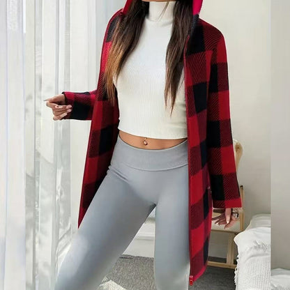 🍂 Classic Plaid, Cozy Long-Line Coverage | Women's Zip-Up Hooded Jacket