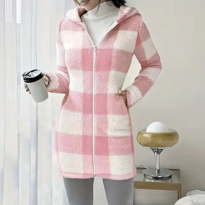 🍂 Classic Plaid, Cozy Long-Line Coverage | Women's Zip-Up Hooded Jacket