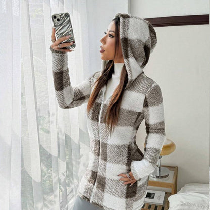🍂 Classic Plaid, Cozy Long-Line Coverage | Women's Zip-Up Hooded Jacket