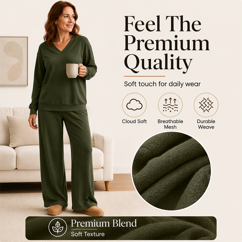 Bestseller🏆👚💕 V-Neck Off-Shoulder Top & Pants Set – Timeless Comfort & Effortless Style for Every Look