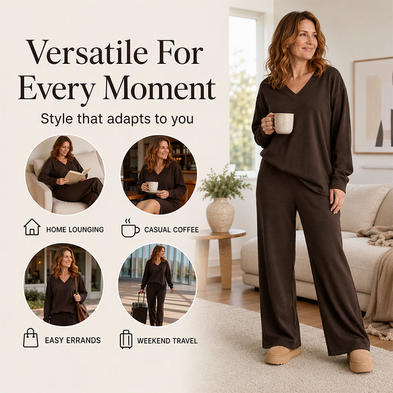 Bestseller🏆👚💕 V-Neck Off-Shoulder Top & Pants Set – Timeless Comfort & Effortless Style for Every Look