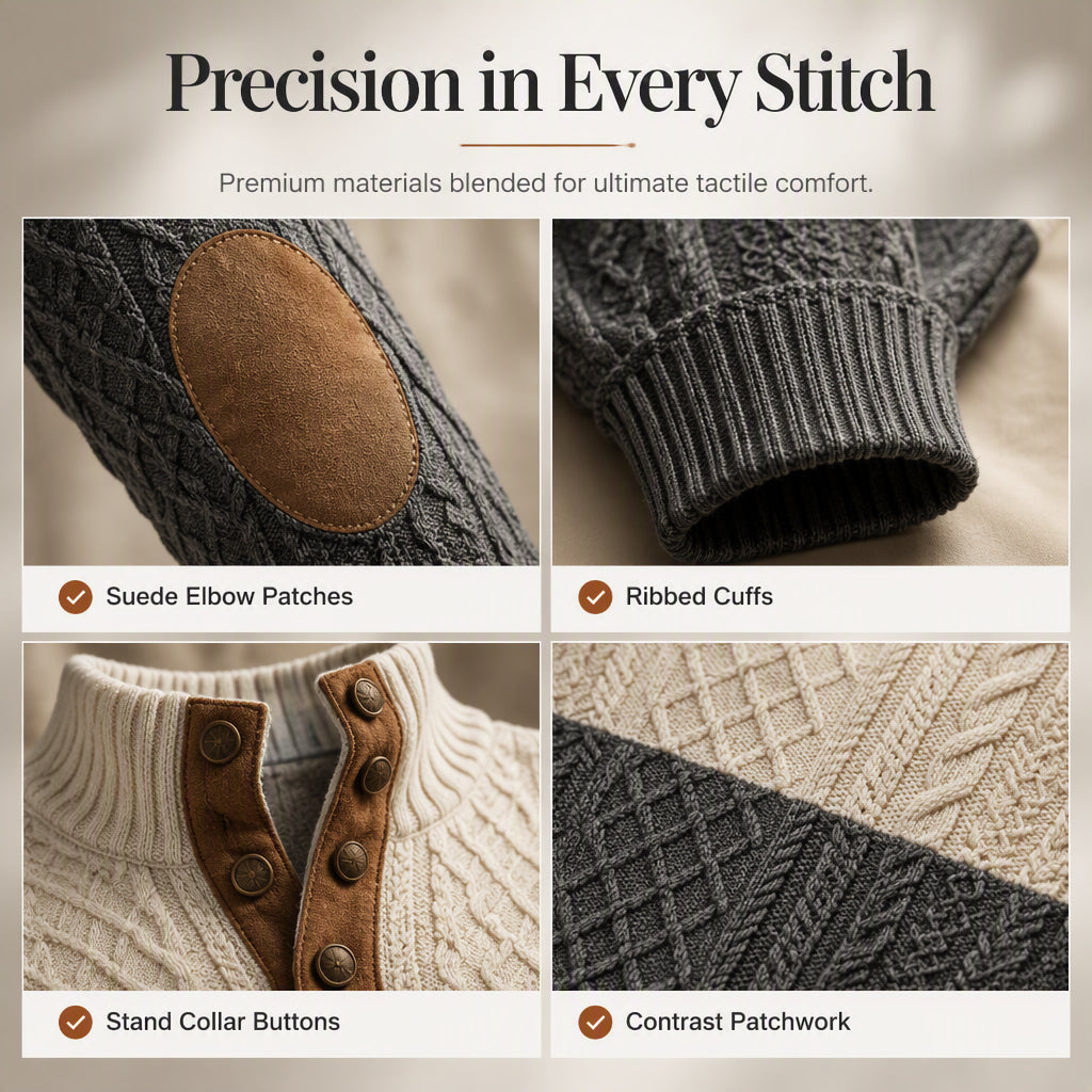✨ Timeless Comfort | Men's Textured Patchwork Crew-Neck Sweater