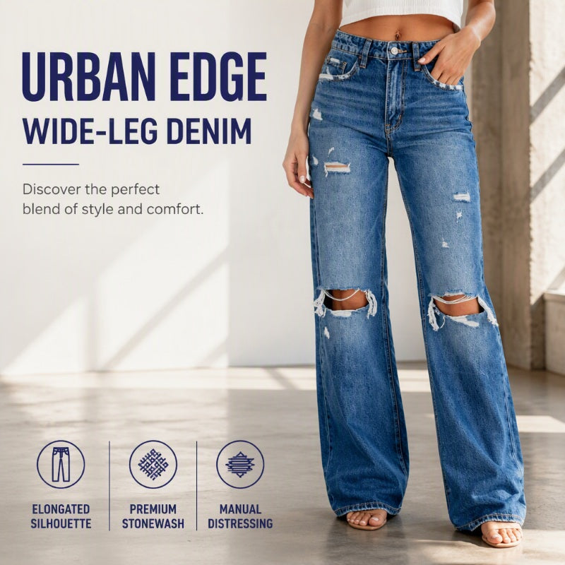 ✨ Flattering Everyday Style | Women's High-Waisted Distressed Wide-Leg Jeans