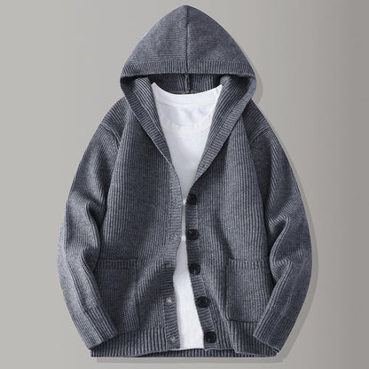 Men's Hooded Knit Cardigan Casual Loose Button Sweater Jacket