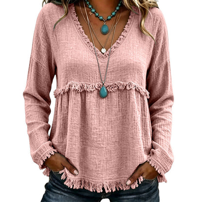 ☁️Relaxed Comfort, Everyday Wear👚 Women's V-Neck Long Sleeve Top – Lightweight Fabric, Easy to Style ✨