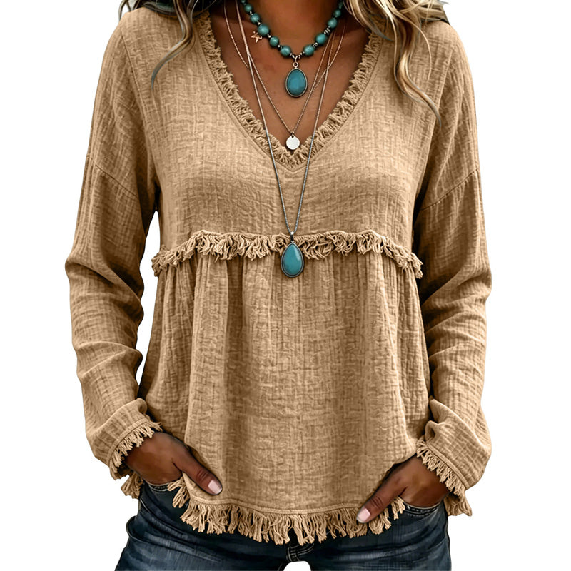 ☁️Relaxed Comfort, Everyday Wear👚 Women's V-Neck Long Sleeve Top – Lightweight Fabric, Easy to Style ✨