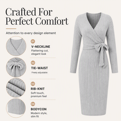Women's Elegant V-Neck Ribbed Knit Tie-Wrap Dress