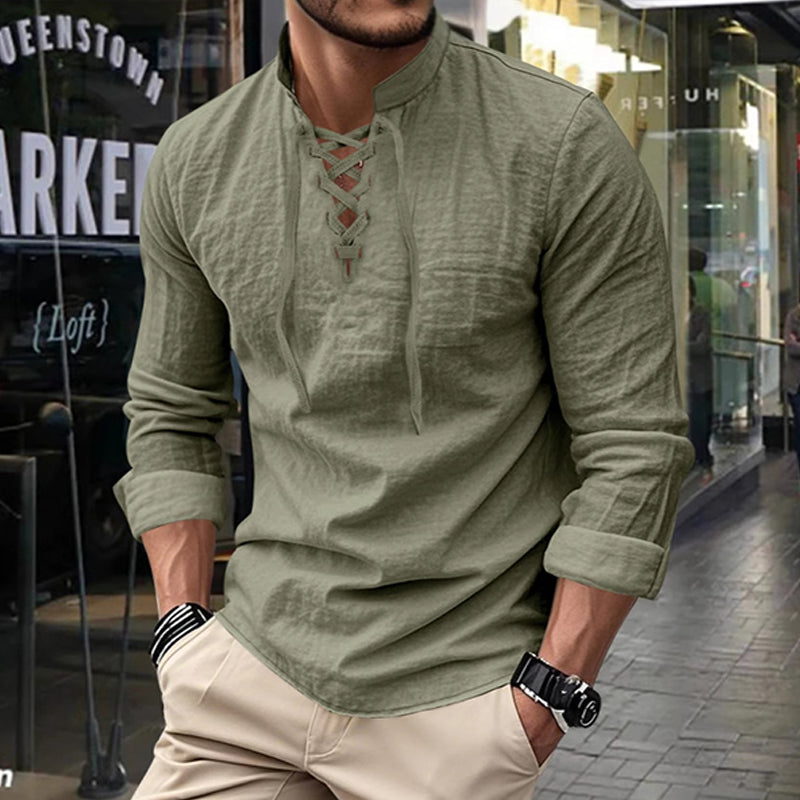 ✨ Easy Everyday Style | Men's Lace-Up Stand-Collar Cotton-Blend Shirt