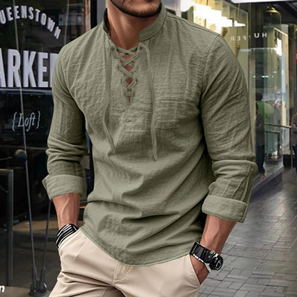 ✨ Easy Everyday Style | Men's Lace-Up Stand-Collar Cotton-Blend Shirt