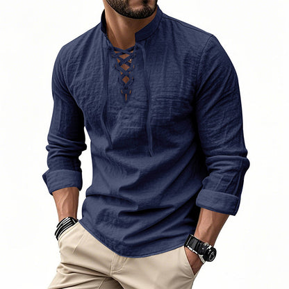 ✨ Easy Everyday Style | Men's Lace-Up Stand-Collar Cotton-Blend Shirt