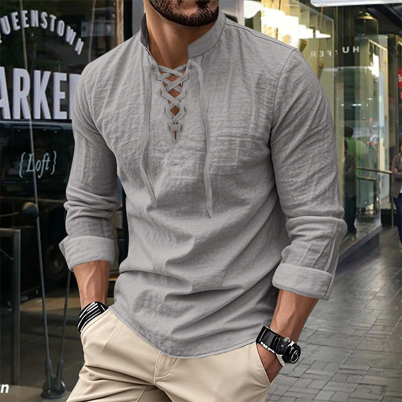 ✨ Easy Everyday Style | Men's Lace-Up Stand-Collar Cotton-Blend Shirt