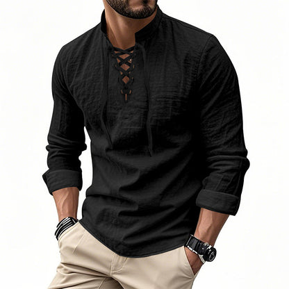 ✨ Easy Everyday Style | Men's Lace-Up Stand-Collar Cotton-Blend Shirt