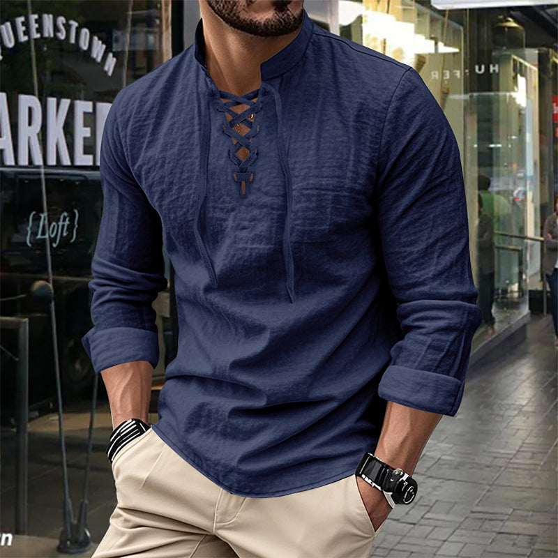 ✨ Easy Everyday Style | Men's Lace-Up Stand-Collar Cotton-Blend Shirt