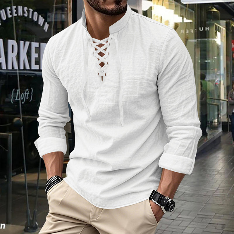 ✨ Easy Everyday Style | Men's Lace-Up Stand-Collar Cotton-Blend Shirt