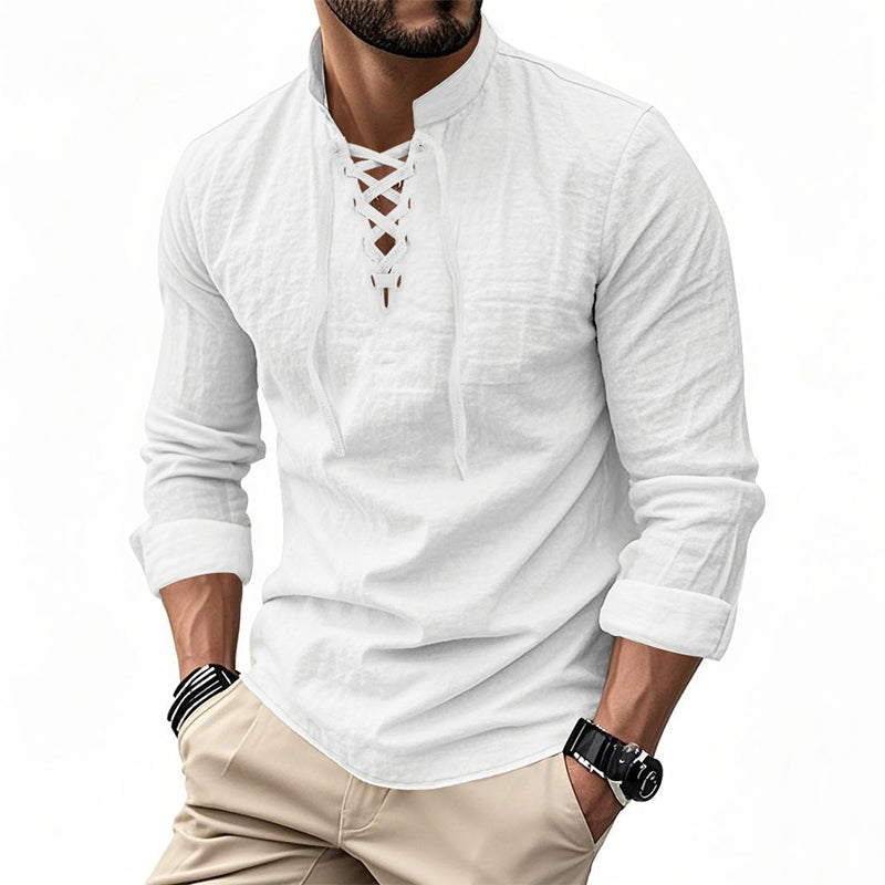 ✨ Easy Everyday Style | Men's Lace-Up Stand-Collar Cotton-Blend Shirt