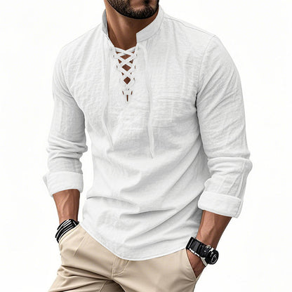 ✨ Easy Everyday Style | Men's Lace-Up Stand-Collar Cotton-Blend Shirt