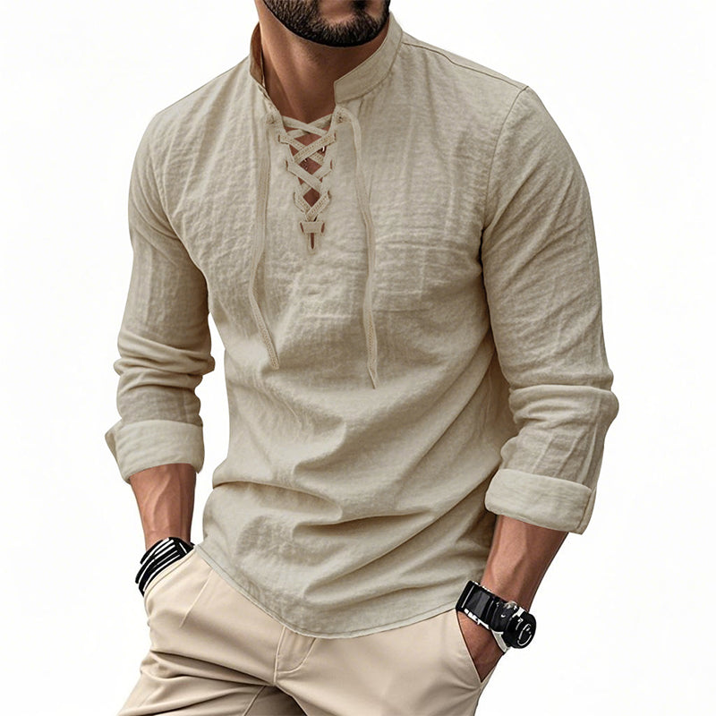 ✨ Easy Everyday Style | Men's Lace-Up Stand-Collar Cotton-Blend Shirt