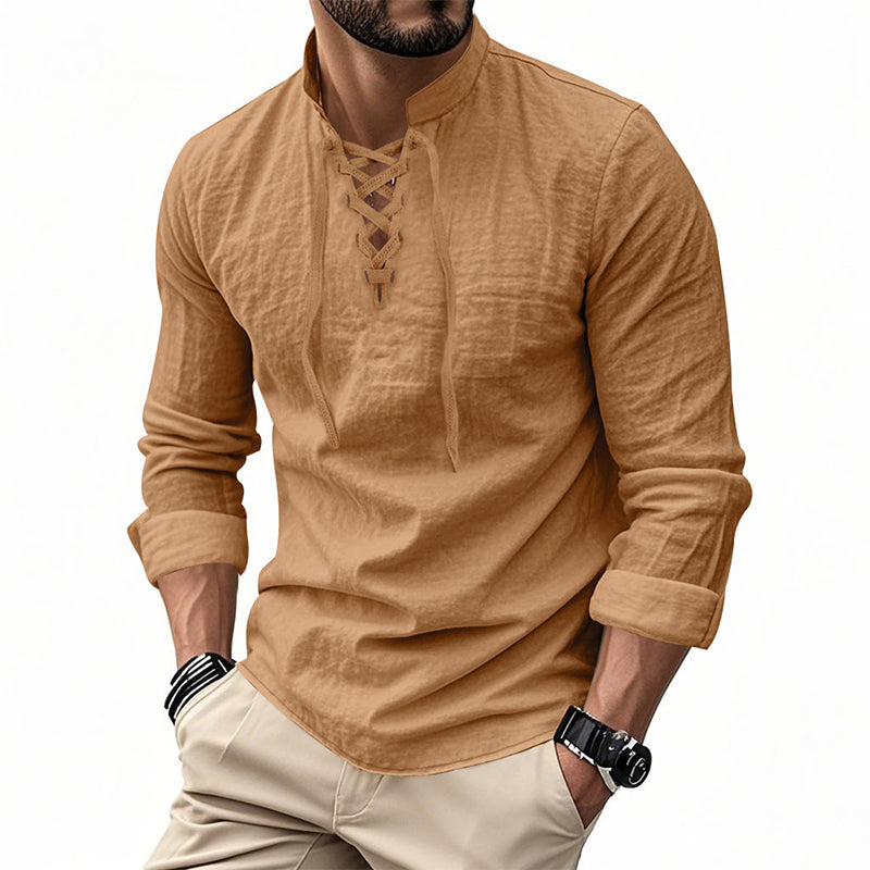 ✨ Easy Everyday Style | Men's Lace-Up Stand-Collar Cotton-Blend Shirt