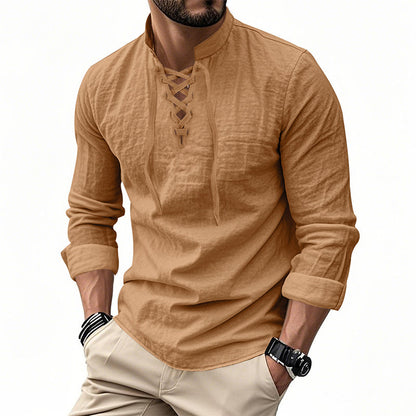 ✨ Easy Everyday Style | Men's Lace-Up Stand-Collar Cotton-Blend Shirt