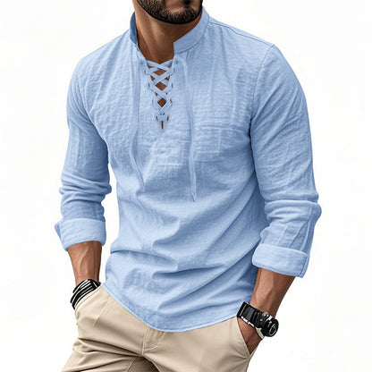 ✨ Easy Everyday Style | Men's Lace-Up Stand-Collar Cotton-Blend Shirt