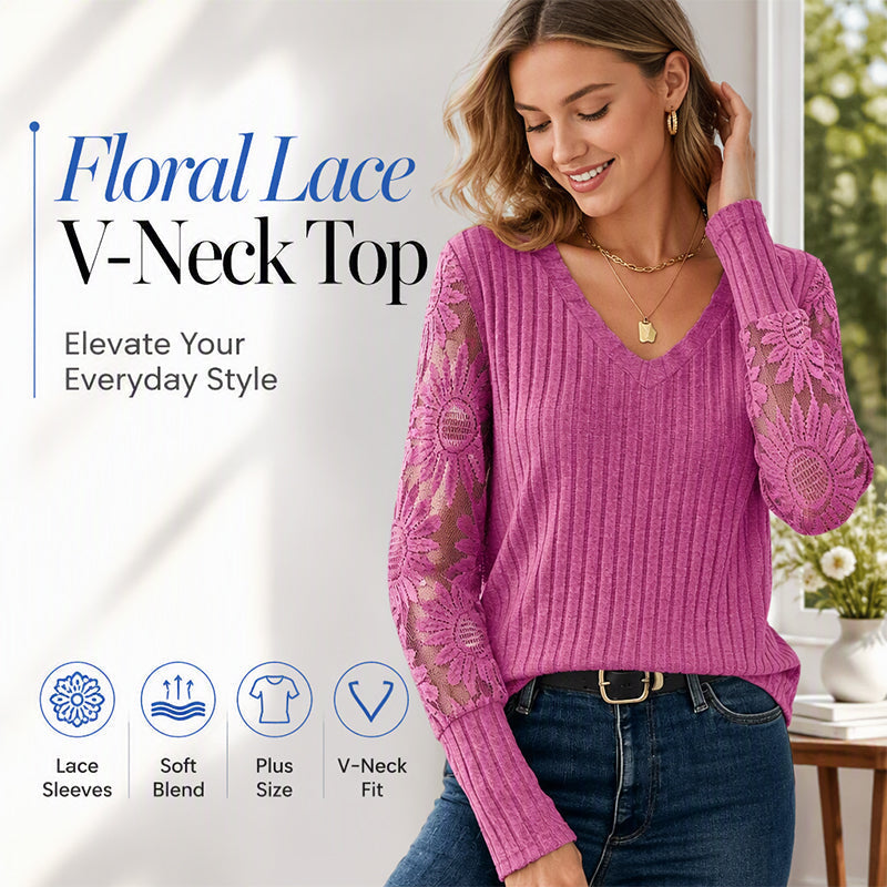 ✨ Flattering Comfort | Women's Lace V-Neck Ribbed Relaxed-Fit Top
