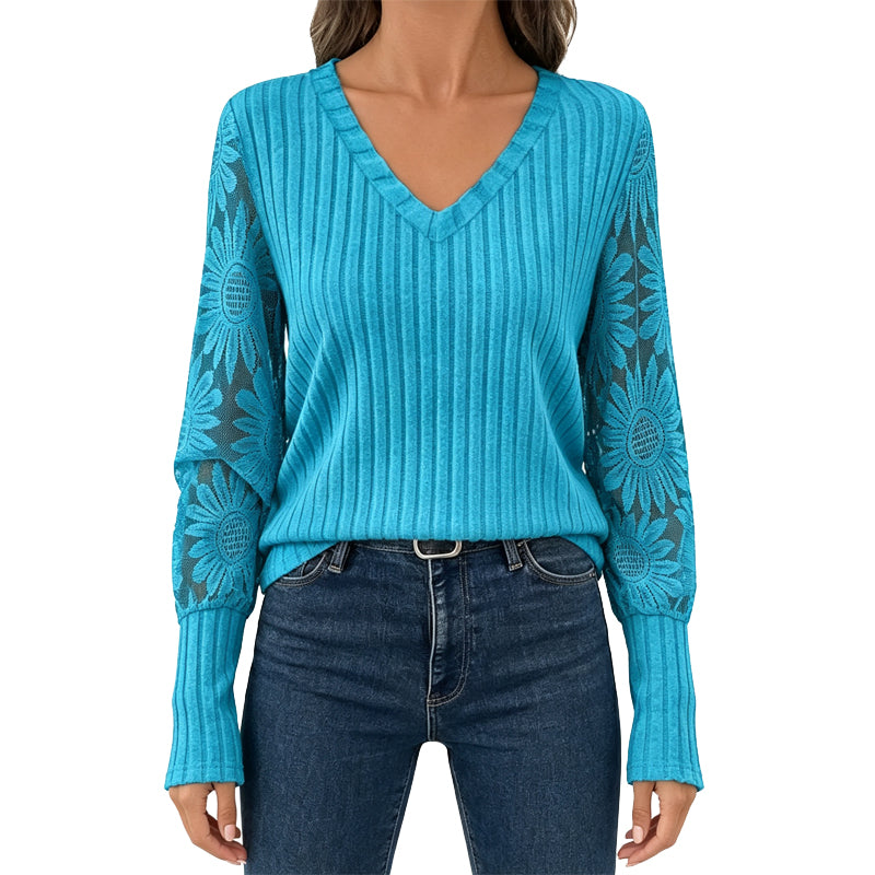 ✨ Flattering Comfort | Women's Lace V-Neck Ribbed Relaxed-Fit Top