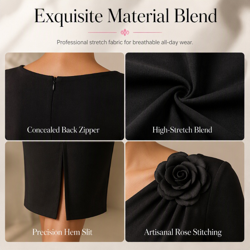 Women's Ruched Midi Dress with 3D Rose Details