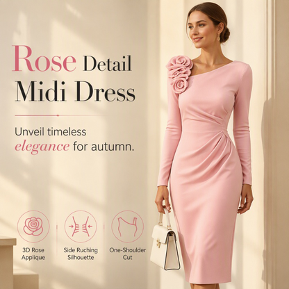 Women's Ruched Midi Dress with 3D Rose Details