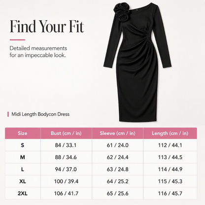 Women's Ruched Midi Dress with 3D Rose Details