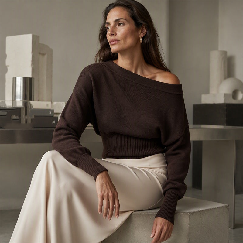 ✨ Flattering Comfort | Women's Off-Shoulder Ribbed Knit Sweater