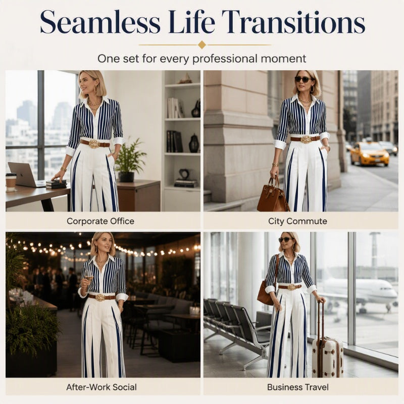 ✨ Effortless Everyday Style | Women's Striped Shirt & Wide-Leg Pants 2-Piece Set
