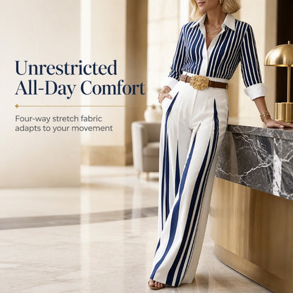 ✨ Effortless Everyday Style | Women's Striped Shirt & Wide-Leg Pants 2-Piece Set