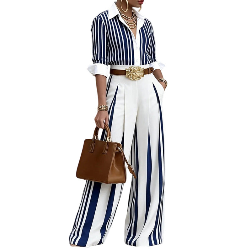 ✨ Effortless Everyday Style | Women's Striped Shirt & Wide-Leg Pants 2-Piece Set