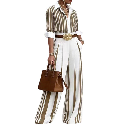 ✨ Effortless Everyday Style | Women's Striped Shirt & Wide-Leg Pants 2-Piece Set